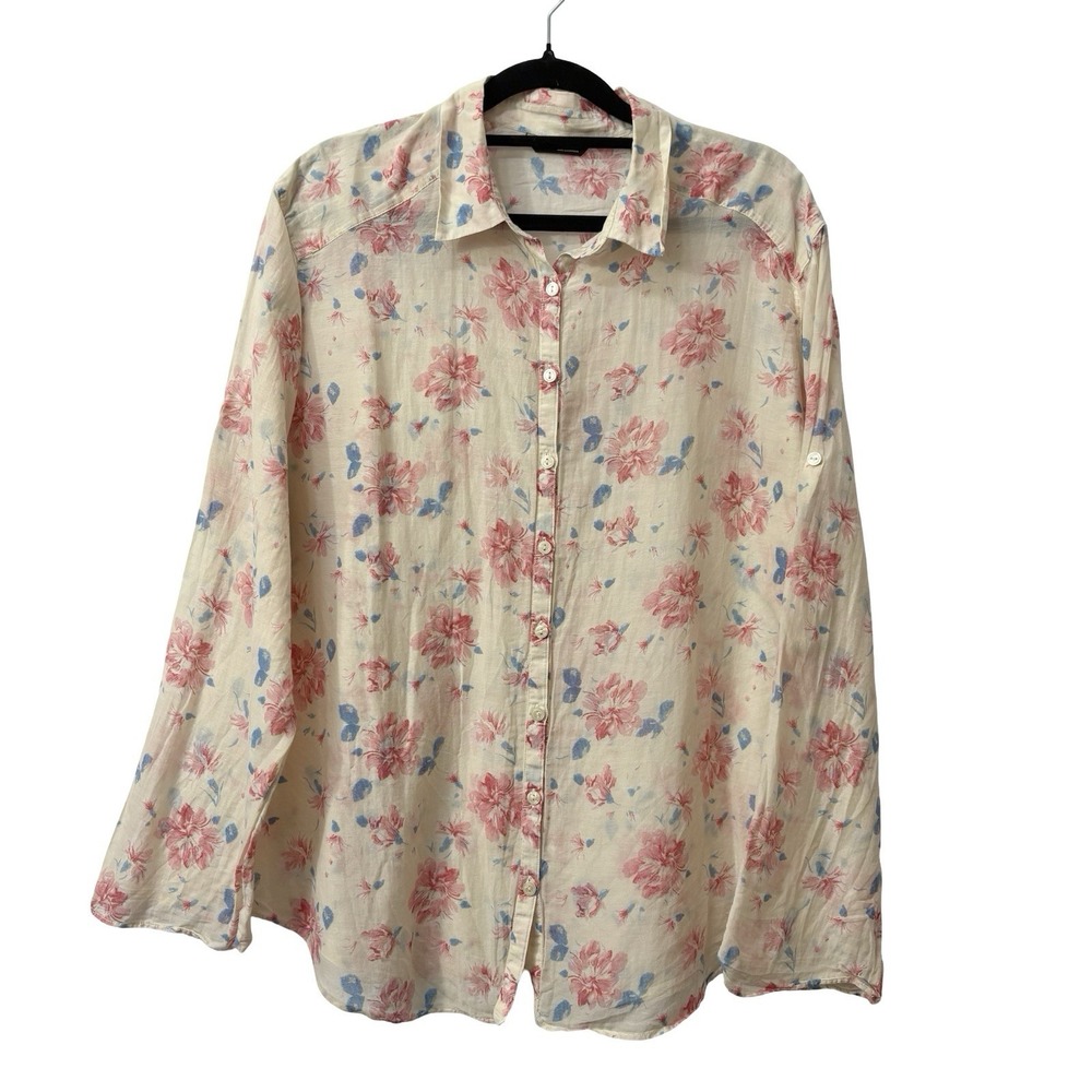 Massimo Dutti Peach Red Floral cottagecore Button down Silk Cotton Blend Sz M/L